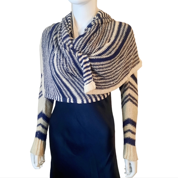 PRONTO Ribbon Knit Waterfall Front Convertible Striped Cardigan Sz M Navy/Ivory - Picture 4 of 8